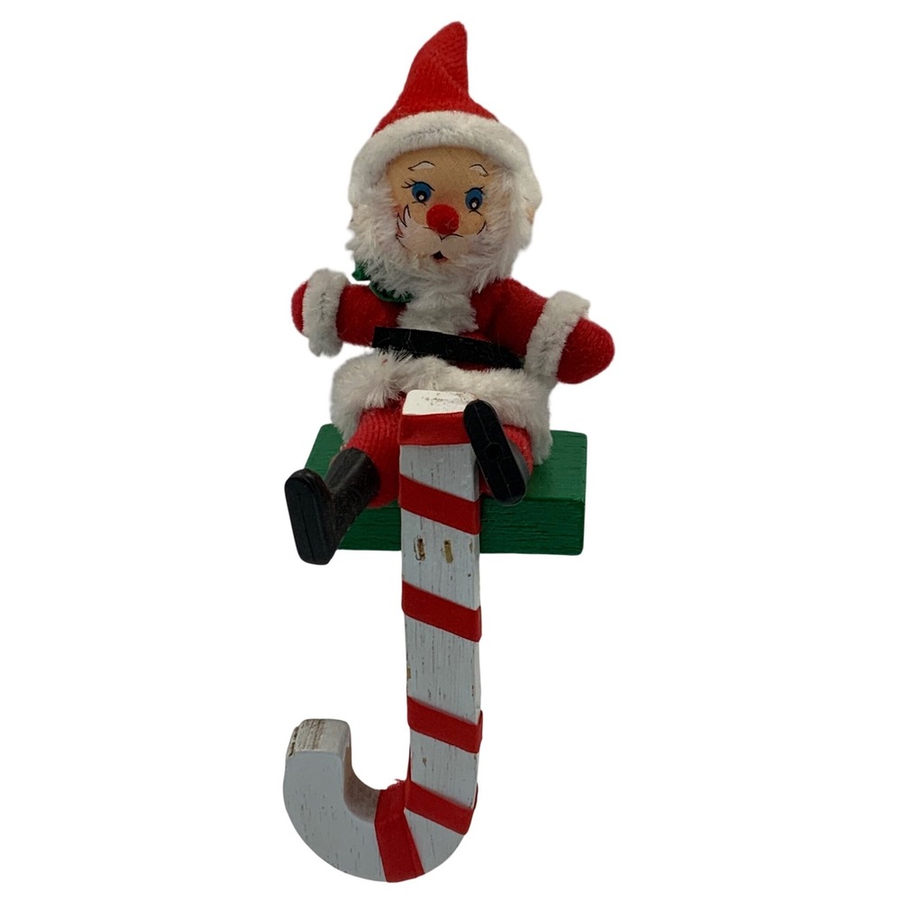Vintage Santa Claus Candy Cane Stocking Holder Wood Felt Red White 6.5in